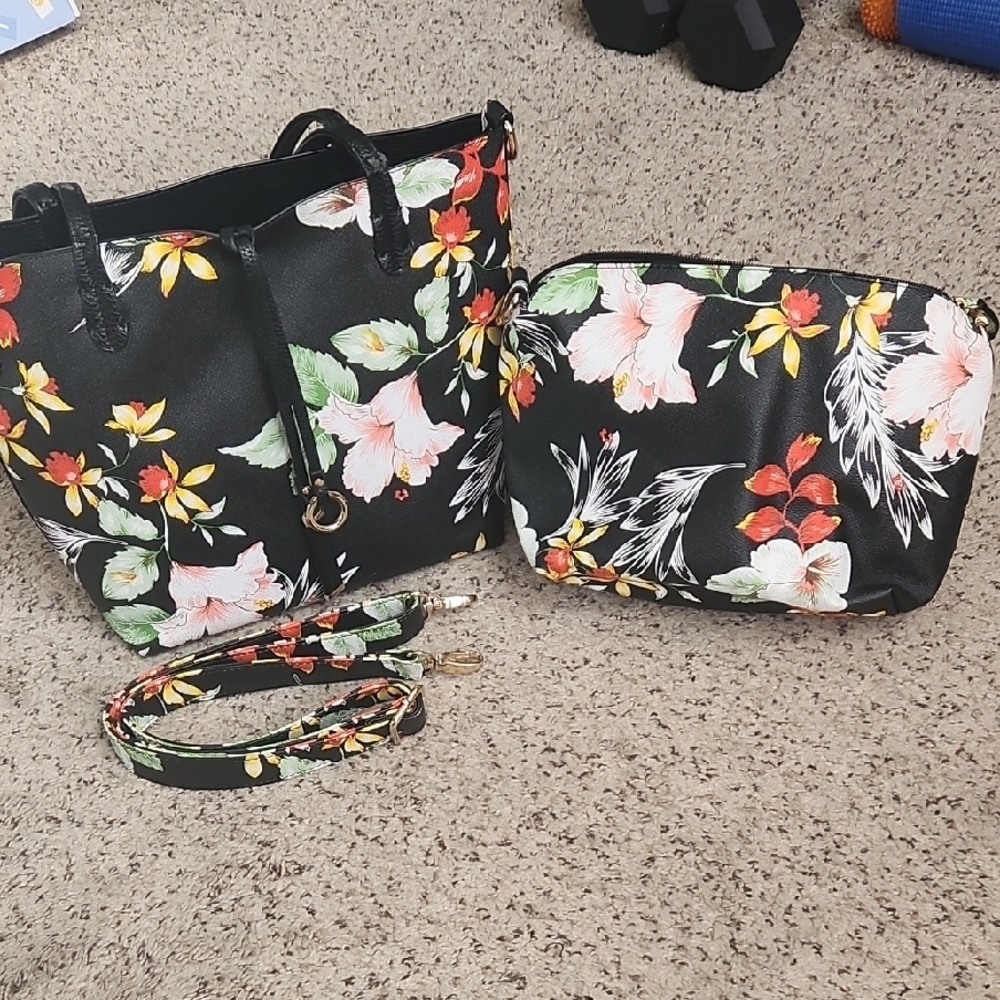 Floral Black Tote and Pouch Set